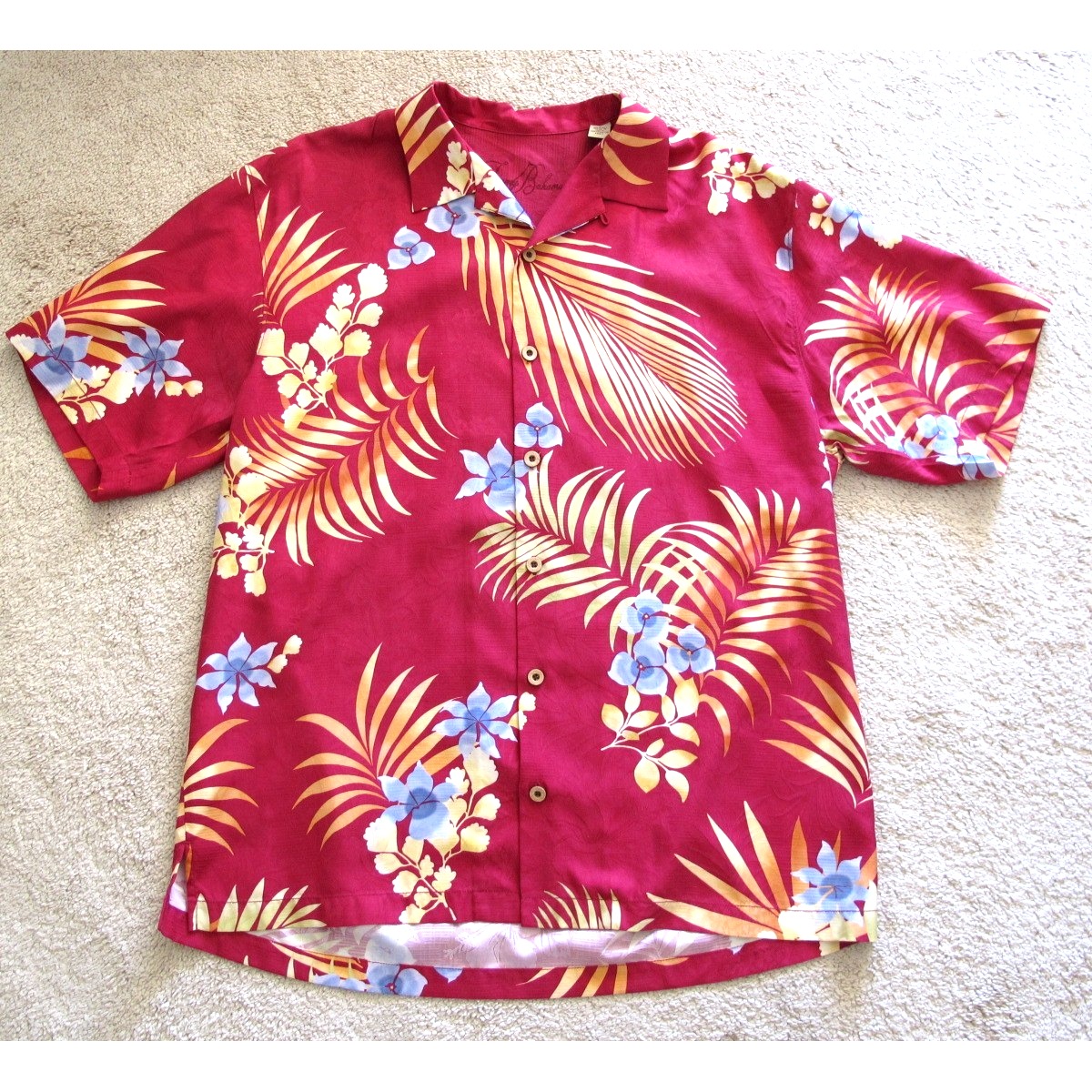 Tommy Bahama Short Sleeve Red Floral Silk Button Up Shirt Hawaiian Beach Men's L